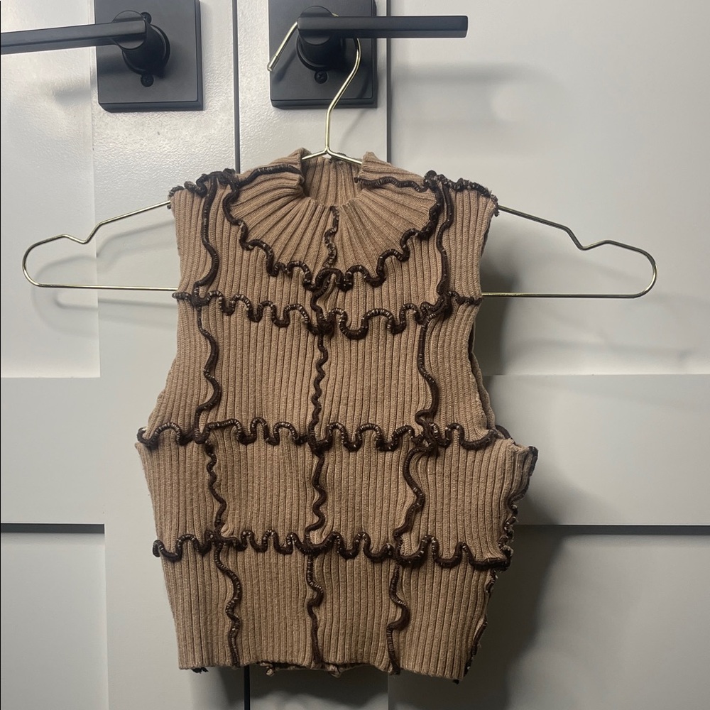 Papermoon Tan Ribbed Crop Top with Brown Trim